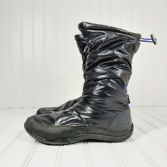 Merrell Frost Glove Waterproof Black Slip On Blue Stripe Winter Boots B628